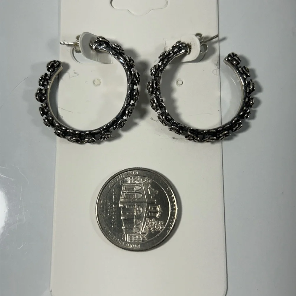 NWOT Israeli Designer Sterling Silver Rosebud Flower Hoop Earrings